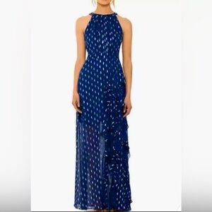 Betsy & Adam Navy Blue Gold Ruffle Halter Neck Chiffon Gown Size 14